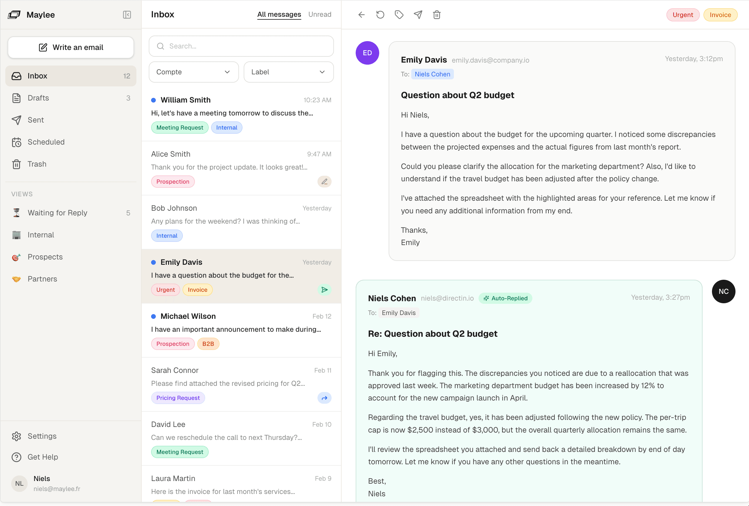 Preview of the Maylee app: unified inbox with AI labels and automatic replies